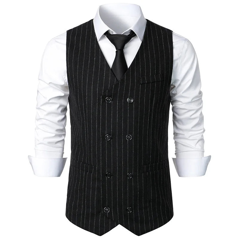 #4840 Black Gray Brown Split Joint Men's Vest Vertrical Striped Blazer Vest Double Breasted Waistcoat Slim Vintage Sleeveless