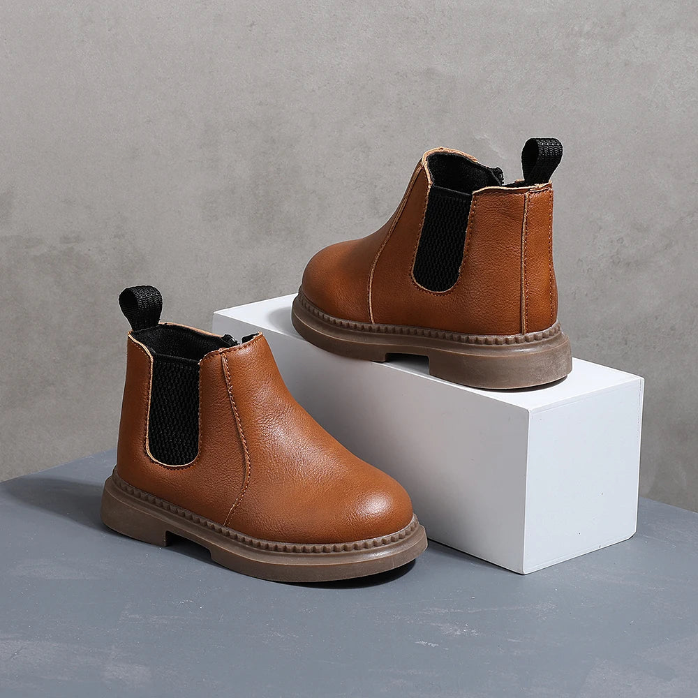 COMFY KIDS Toddler Brown Leather Chelsea Ankle Boots, Soft Cushioned Non-Slip Rubber Sole Boys Girls Zipper Short Boots, Autumn