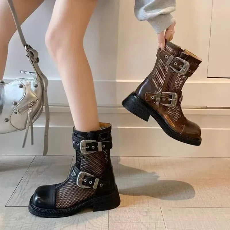 Women's Boots 2025 New Summer Cool Boots Breathable Hollow Out Mesh Boot Fashion Square Toe Side Zip Ankle Boots for Women Botas