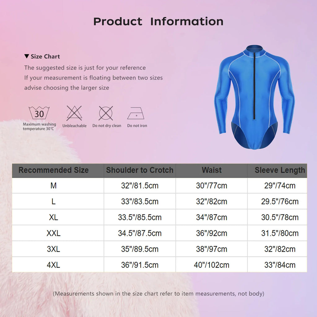 Men Swimsuit Glossy Bodysuit Rash Guard Wetsuit Swimwear Beach Surfing Sports Workout Romper Long Sleeve Zipper Silky Jumpsuit