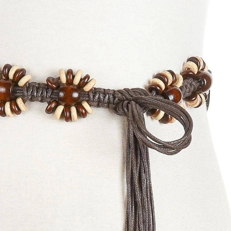 652F Women Braided Waist Belt Vintage Thin Bohemian Belts with Beads Decors Decorative Cool Girls Dress Shirt Waist Belt