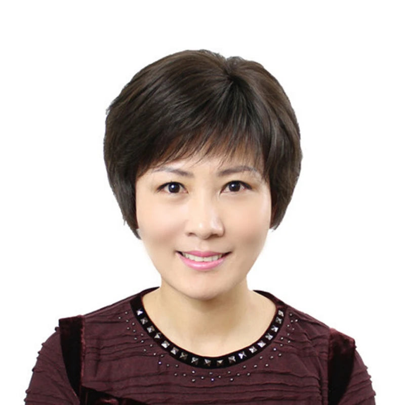 Human Hair Short Straight Wig For Middle Aged And Elderly Asian Women Lady Realistic Natural Wig Quickly Increase Hair Volume