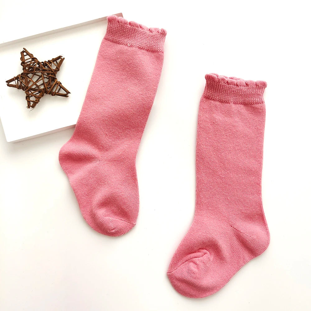 New Kids Knee High Socks Baby Girls Boys Flat Long Sock Soft Cotton Solid Color Children Stockings For 0-7 Years