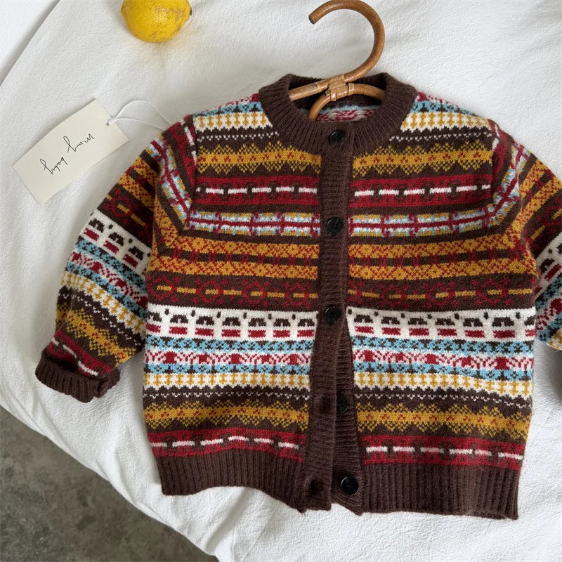 Children's Sweater 2026 Spring and Autumn Winter New Boys' and Girls' Color blocked Sweater Cardigan Baby Retro Knitted Coat