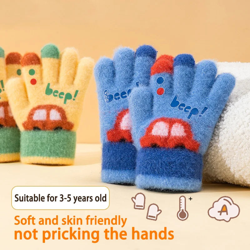 Kids Winter Gloves 3-7 Years Old Thick Warm Knitted Cartoon Car Design Five Finger Cold Proof for Boys Girls Kindergarten