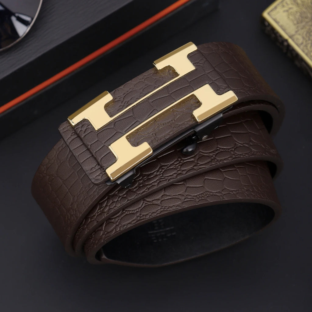Men's Fashionable Work Business Belt with Metal Automatic Buckle Durable Everyday Use Design Perfect Gift Choice