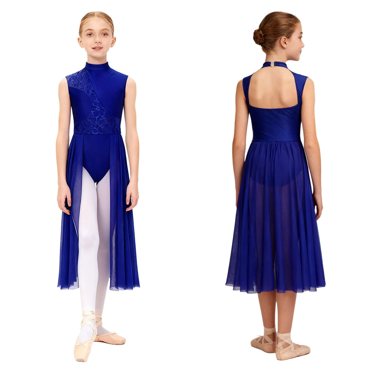 Kids Girls Floral Lace Patchwork Lyrical Ballet Dance Dresses Cutout Back Leotard Dress Dancewear Stage Performance Costume
