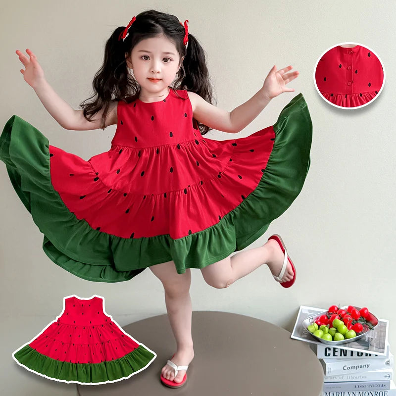 Little Girls Dress Kids Classic A-Line Dress With Watermelon Design Child Summer Sleeveless Dress Baby Girls Outfit Size 2-11Y