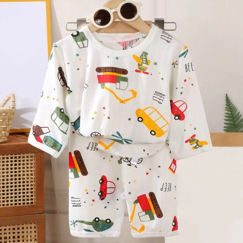 Boys Girls Baby Pajamas 2-Piece Set Kids Summer Breathable Soft Fabric Home Cute New Cartoon Rocket Spacecraft Car Sleepwear Set