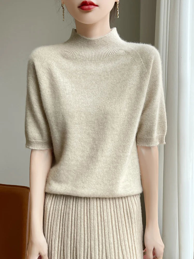 Short Sleeve Women Sweater Basics 30% Merino Wool Female Knitted Pullover Summer Clothing Tops Solid Casual Mock Neck T Shirts