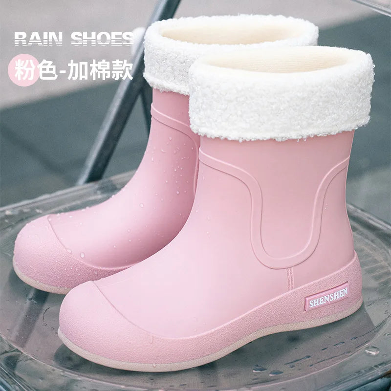 Fashionable women's rain boots for outdoor wear, mid-calf waterproof and anti-slip rubber shoes for kitchen work, water boots
