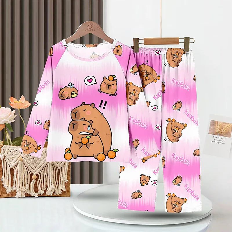 Capibara Kids Pajama Sets Long Sleeve Loungewear with Cute Animal Print Soft Sleepwear for Boys Girls Cartoon Sleepwear Outfit