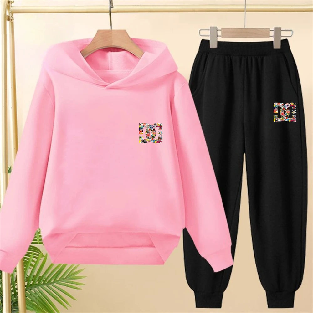 Children's hoodie 3-12 years girls pink boy black tops+pants set leisure sweatshirt printing fashion Kids autumn clothing