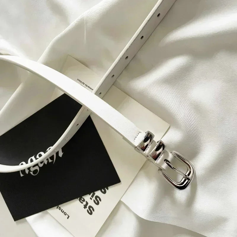 Fashionable Thin Belts for Woman Minimalist Solid Color Versatile Belts Beautiful Silver Color Metal Buckle Belts