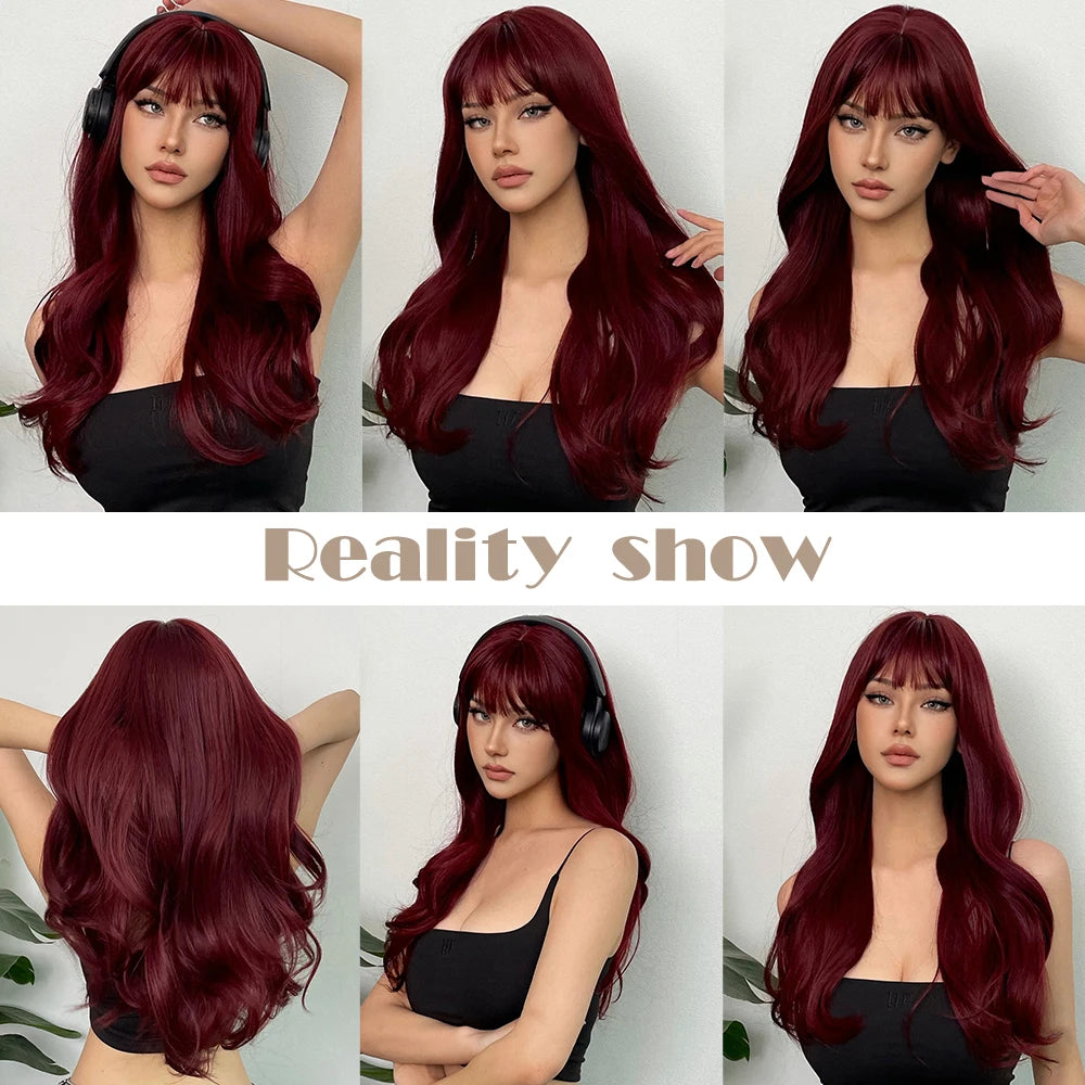 Wine Red Long Wavy Synthetic Wigs with Bangs for Women Colorful Burgundy Red Body Wave Cosplay Wig Halloween Heat Resistant Hair