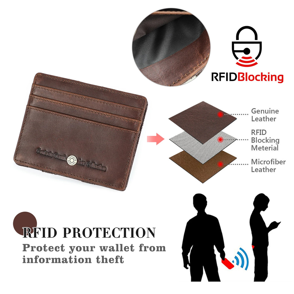 CONTACT'S Magic Wallets Genuine Leather Men Slim Wallets RFID Card Holders Money Clip Ultra Thin Small Mini Wallets for Men Gift