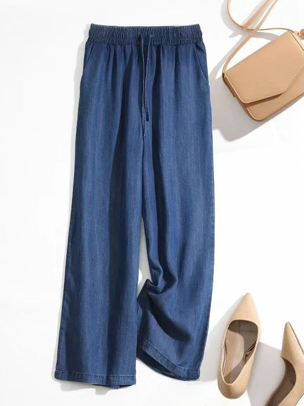 Summer High Waist  Ice Silk Elastic Straight Leg Jeans Loose Wide Leg Nine Pants Women's plus Size Loose Fit Trousers