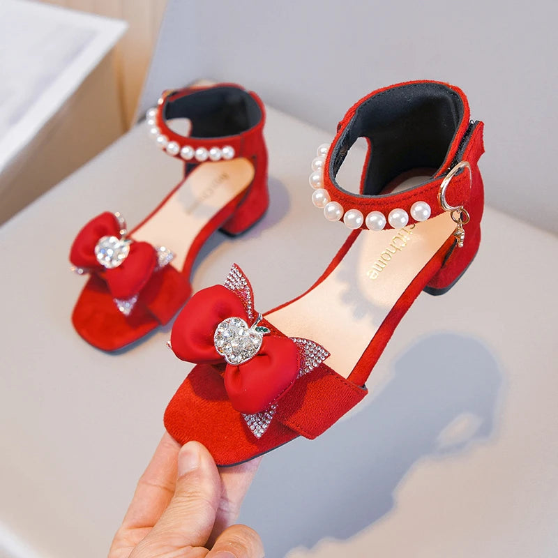 Little Girls High Heels Sandals with Shiny Beaded Bow 2026 New Summer Kids Dress Shoes Comfort Trendy School Dances Shoes Age5-8