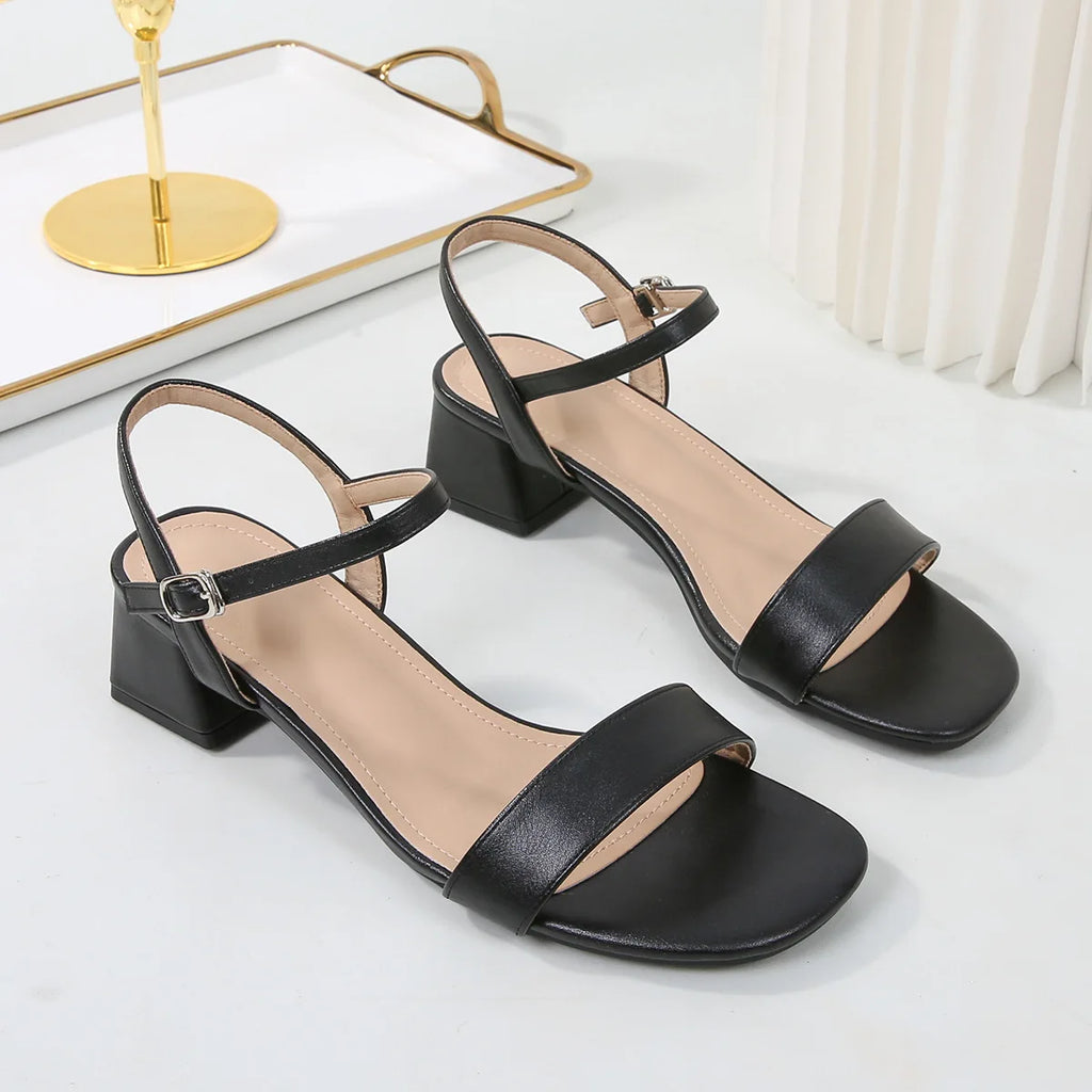 Sandals for Women Summer Fashion Soft Leather Chunky Sandals Round Head Open Anti-slip Wear-resistant High Heels Plus Size 44