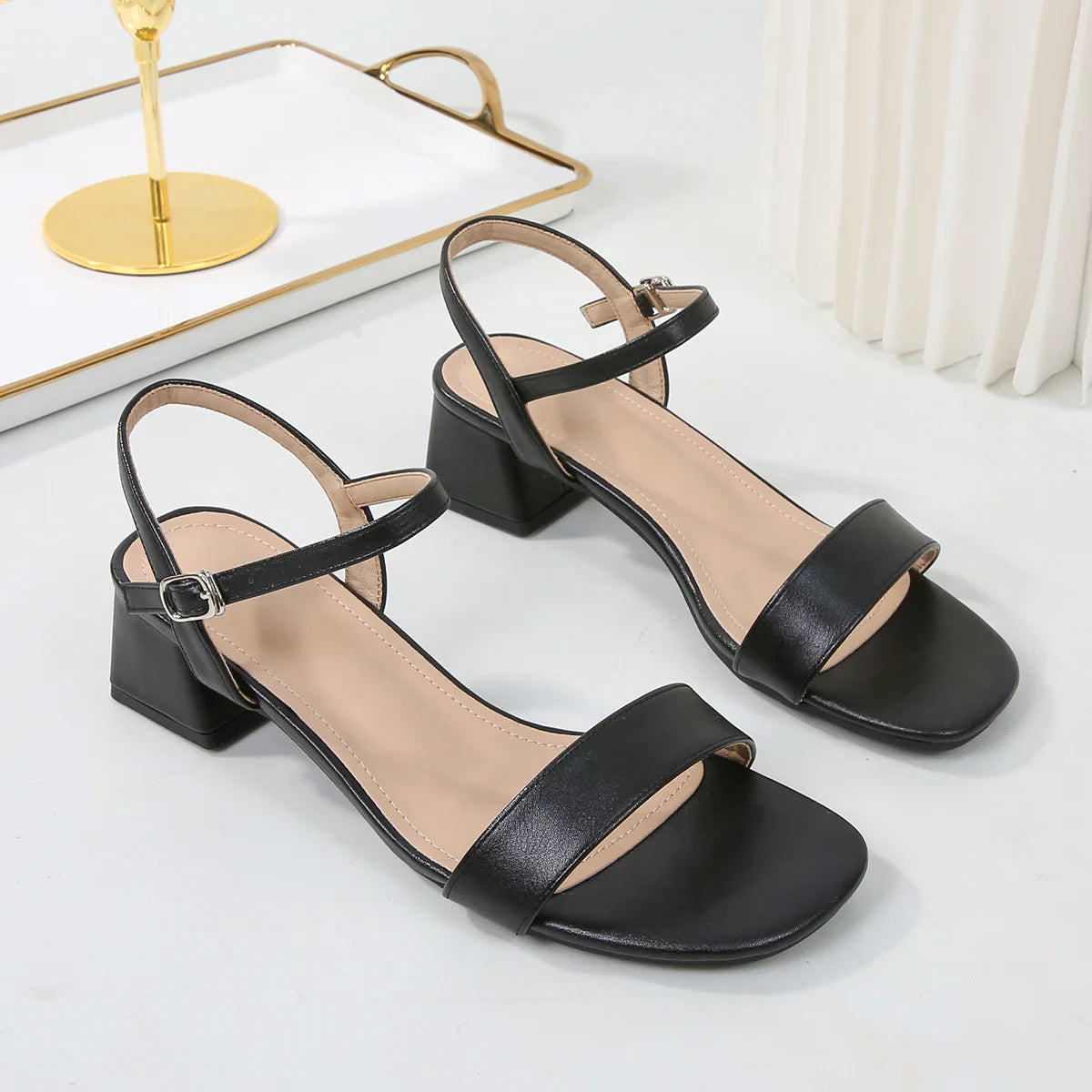 Sandals for Women Summer Fashion Soft Leather Chunky Sandals Round Head Open Anti-slip Wear-resistant High Heels Plus Size 44