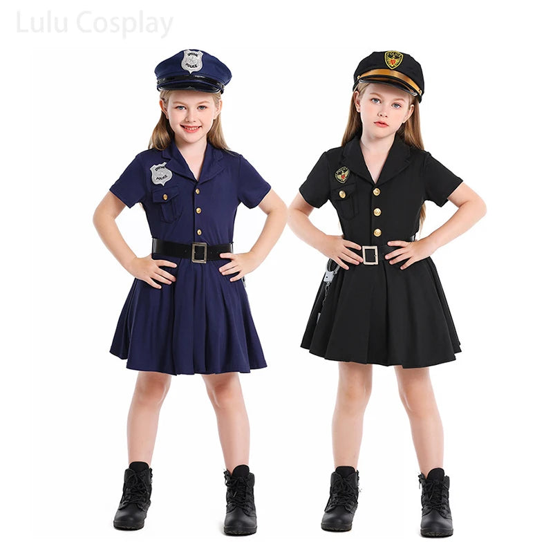 Kids Police Uniforms Dress Girl Dresses Halloween Cosplay Costumes Cap Belt 3Pcs Set Carnival Party Role-play Performance Dress