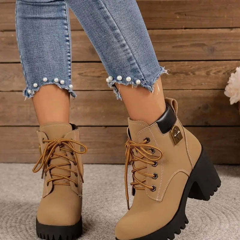 New Fashion Platform Boots for Women Retro Round Toe Coarse Heeled Ankle Boots Autumn High Heel Shoes for Women Botas Para Mujer