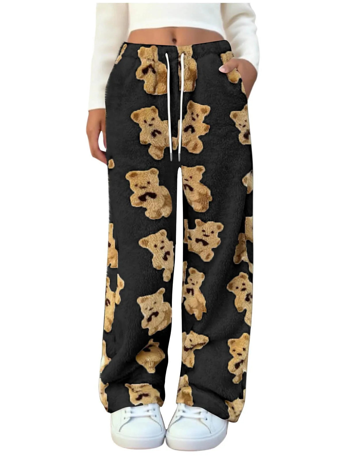 Women Casual Trousers Elastic Waistband Drawstring Tie Pajama Bottoms Leopard Print Wide Leg Lounge Pants