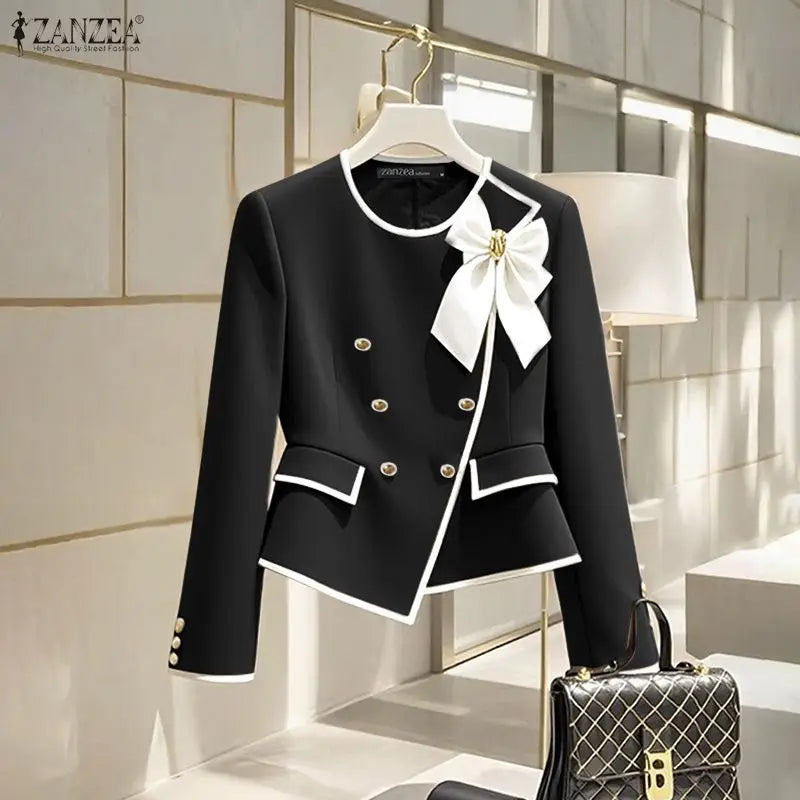 ZANZEA Elegant Blazer Autumn Double Breasted Long Sleeve Coats Women Fashion Bow Office Outerwear 2025 Casual Street Jackerts