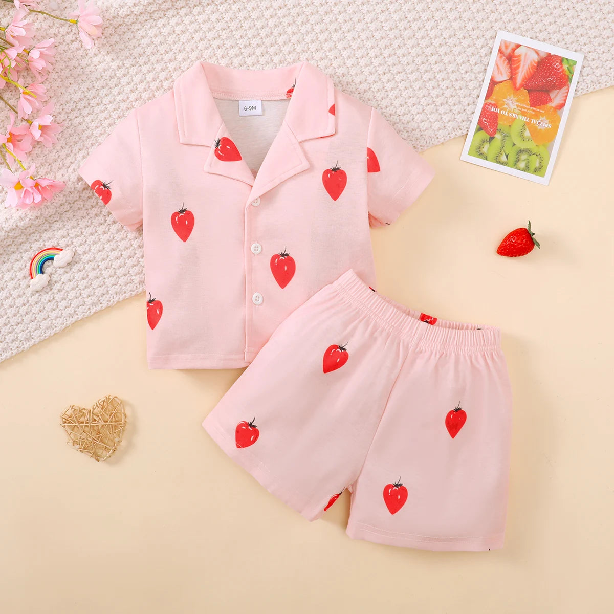 Children's Girls' Cartoon Pajamas Teddy Bear Strawberry print Short sleeved+Shorts 2Pcs/Set 0-3 Years old Cute Baby Girl Pajamas