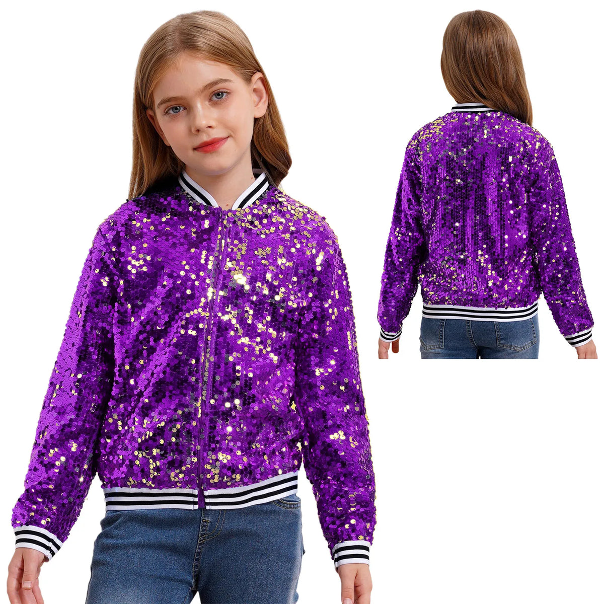 Kids Girls Long Sleeve Fashion Sequin Baseball Jacket Bomber Coat Hip Hop Jazz Street Dance Cheerleading Performance Dancewear