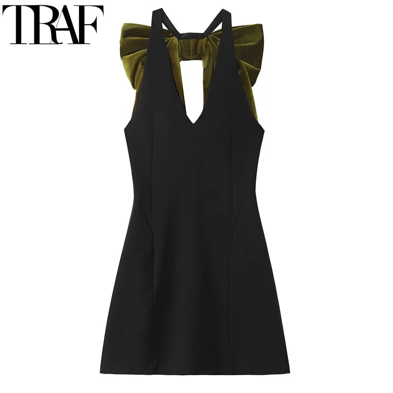 HXAO Dresses Sleeveless Black Mini Dress Women Summer Butterfly Knot Velvet Dress Backless Sexy Short Dresses Woman Party Dress