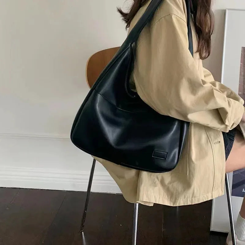 Large Capacity Black Leather Tote Bag for Women Fashionable Versatile Shoulder Bag Purse