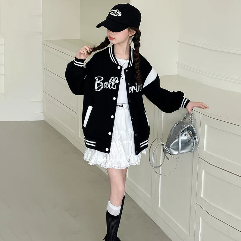 Children's Jackets 2025 Spring Girls Black Baseball Coat New Kids Letters Sports Cardigan Autumn Fashion Outerwear Clothing