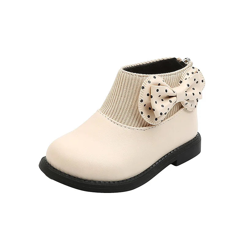 Children's Cotton Boots Winter New Kids Shoes Bow Girls Soft Bottom PU Leather Boots Baby Side Zipper Design Boots Toddler Shoes