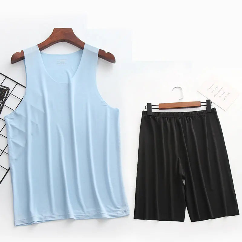 Mens Ice Silk T-Shirt & Short Pants 2Pcs Pijamas Sleep Set Ultra-thin Homewear Clothing Summer Pyjamas Sleepwear Nightwear Suit
