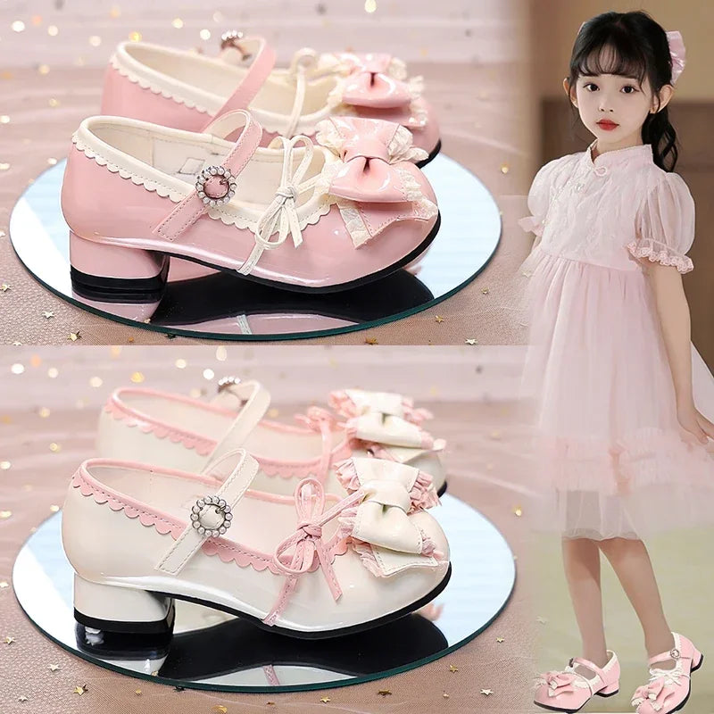 Girls High Heels New Leather Shoes Princess Chic with Double Bow-knot Kids Princess Wedding Party High Heels Fashion Dress Shoes