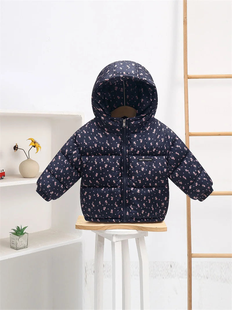 Kids Warm Down Coats Children Comfortable Versatile Print Hooded Zipper Outdoor Outerwear Girls Boys Casual Thermal Jacket