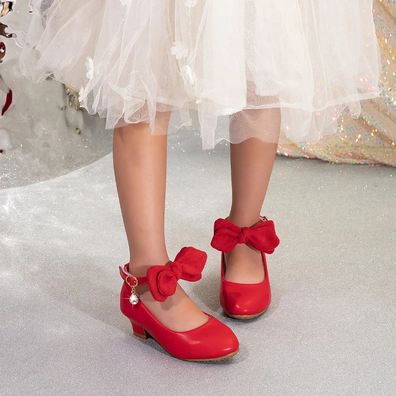 Fashion Girls' Performance Leather Shoes Elegant Bowknot Children Causal High Heel Shoes Kids Party Wedding Shoes for Princess