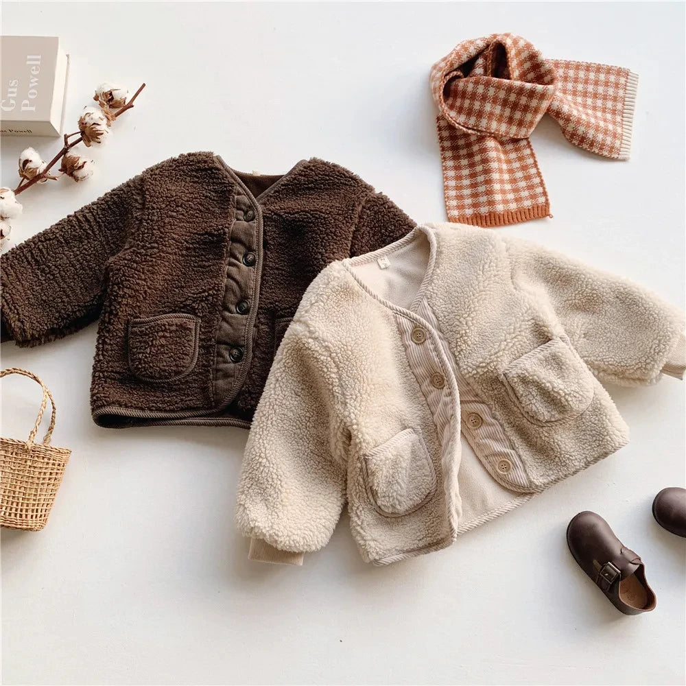 2026Korean Boys Fall Winter Clothes For Girls Velvet Loose Lamb Velvet Warm Children's Jacket Coat For Girls 0-5-year-old
