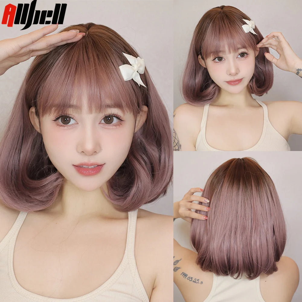 Short Curly Wavy Wigs with Bangs Deep Red Colorful Synthetic Wig Cosplay Hair for Women Party Halloween Hairs High Temperature