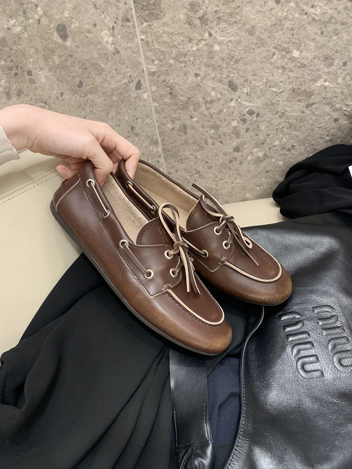 Women's Loafers Shoes Genuine Leather High Quality Round Toe Soft Bottom Flat Shoes Lace Up Breathable Ladies Casual Shoes 2026