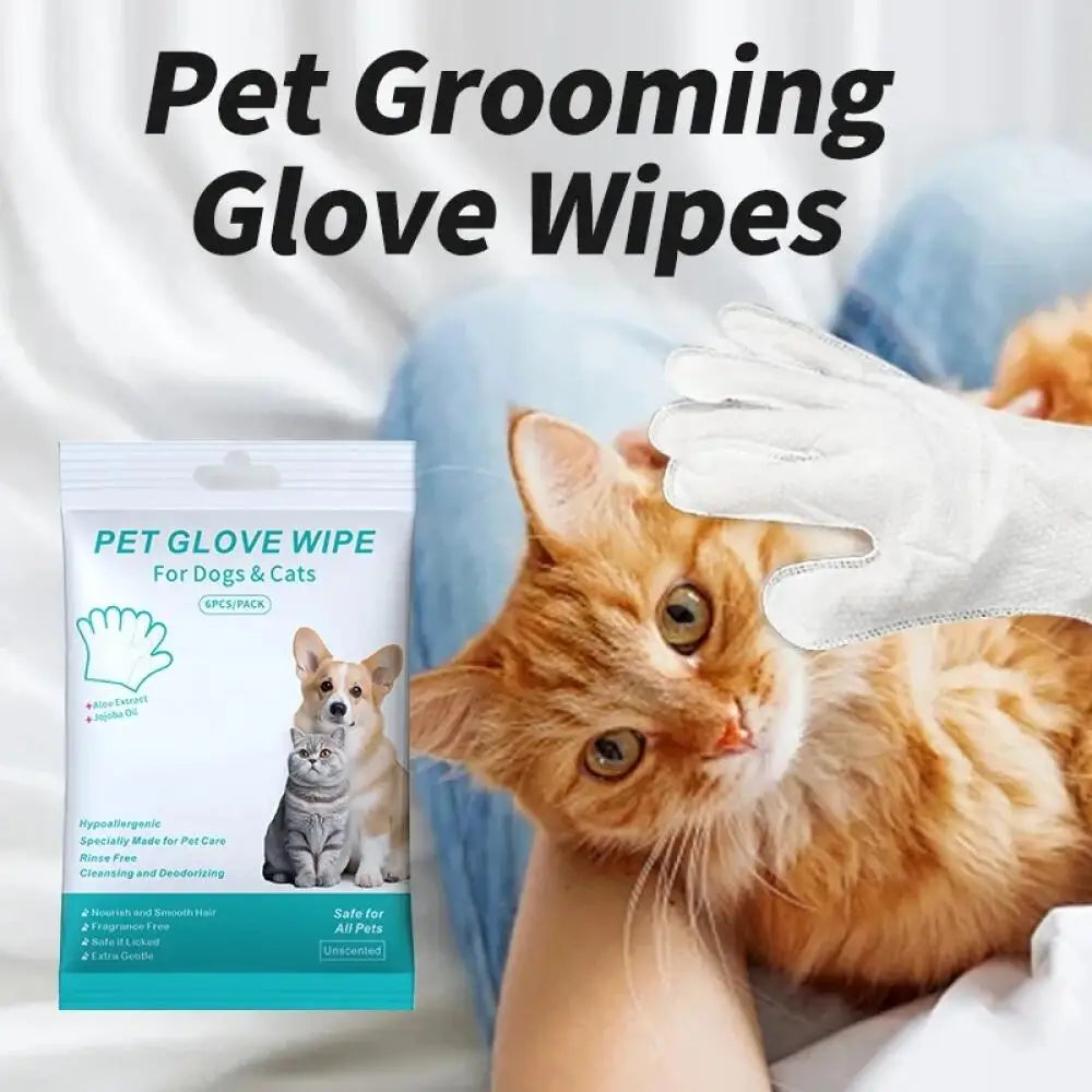 Pet Cleaning Gloves 6PCS Wash Free Grooming Wipes for Dogs Cats Disposable Dry Bath Gloves Gentle Care Supplies