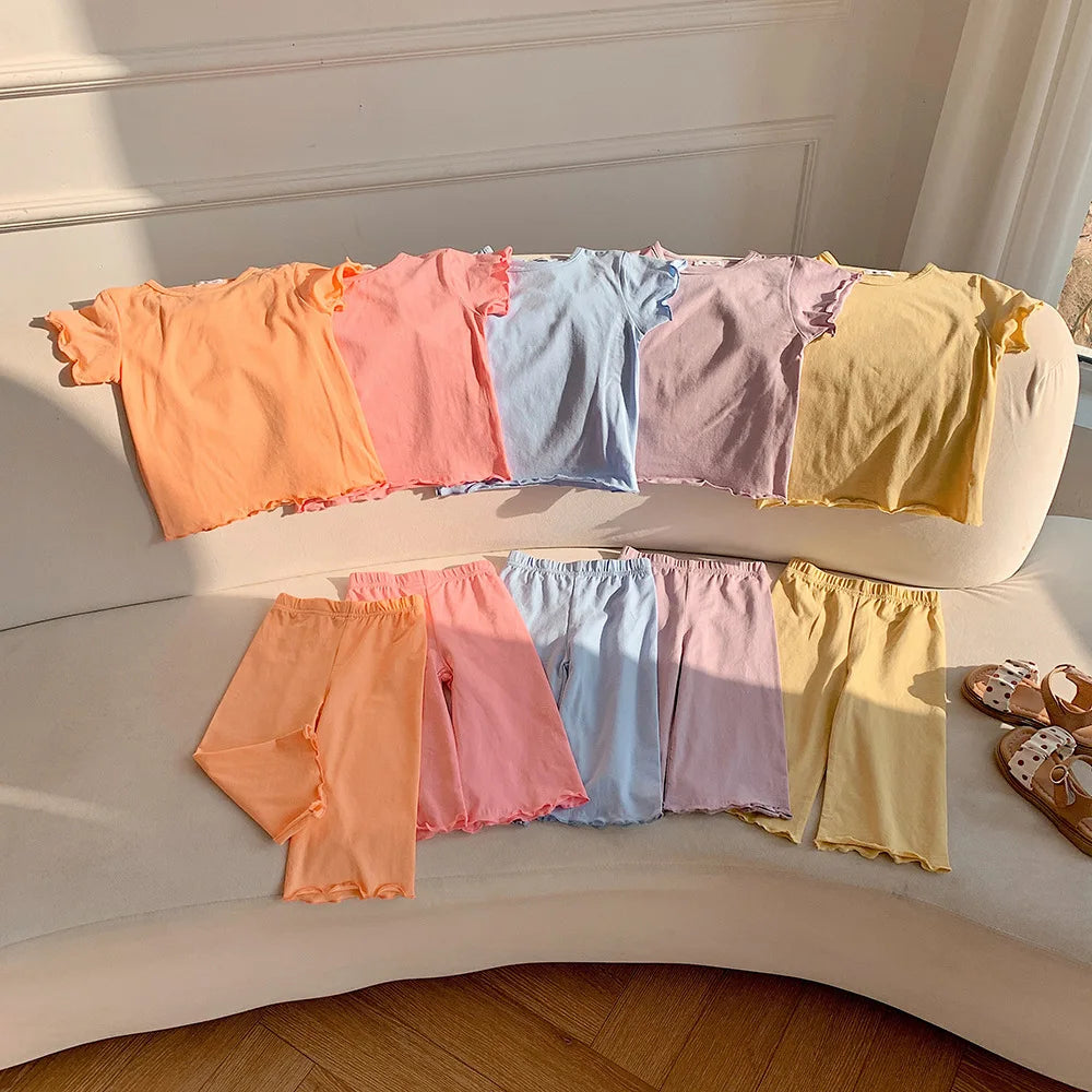 Children's Odell Suit Girls' Candy Color Short-sleeved Air-conditioned Clothes Baby Pants Pajamas Home Clothes