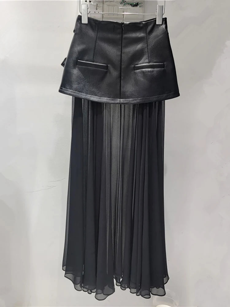 DEAT Women's Skirt Solid Color Patchwork Pu Leather Black Mesh Belt A-line High Waist Long Skirt Summer New Fashion 29L8139
