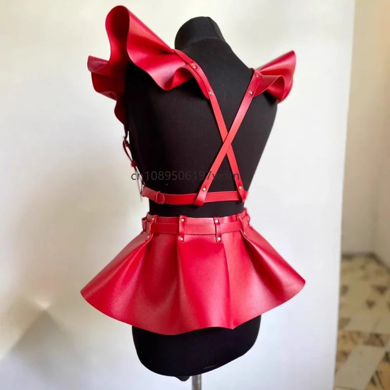 Women PU Leather Wing Shoulder Harness Peplum Skirt Adjustable  Buckle Rave Festival Outfit Clubwear Gothic Punk Cosplay Costume
