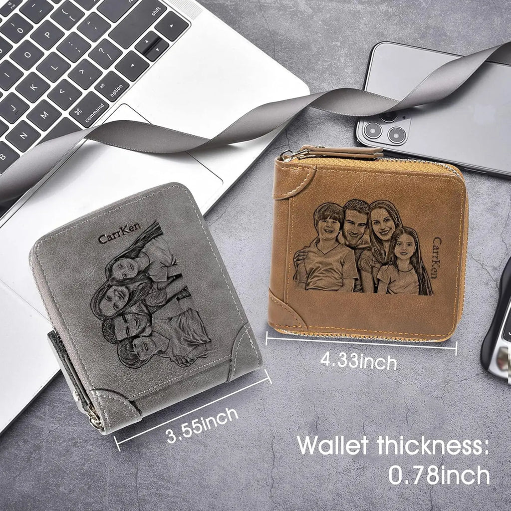 Personalized Custom Photo Wallets for Men, Engraved Customized Zipper Bifold Picture Wallet Fathers Day Birthday