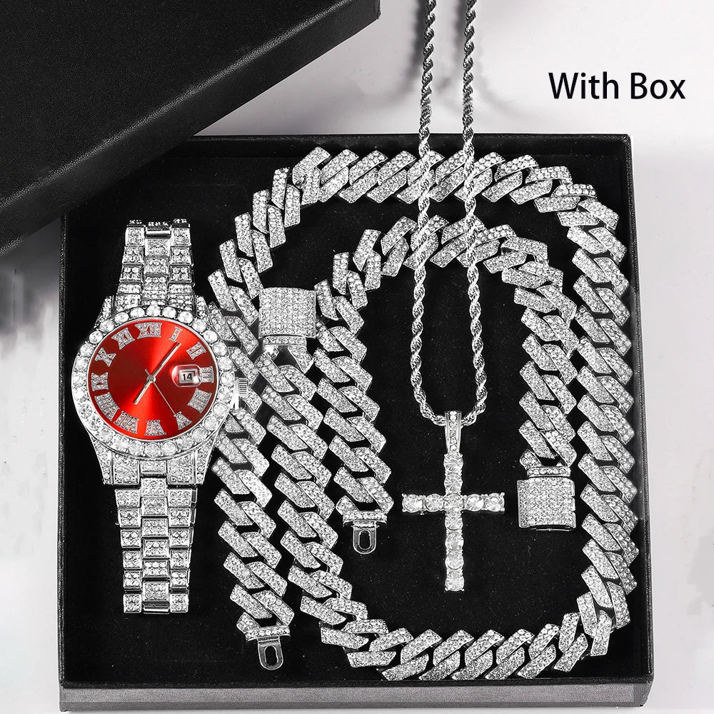 Hip Hop Men's Watch Jewelry Gift Set Glitter Silver Quartz Watch with Cross Pendant Necklace Street Punk Luxury Party Accessory