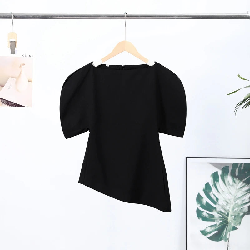 Elegant Short Puff Sleeve Shirt Women Asymmetry O-neck Waist-closed Zipper Black Blouse 2026 Spring Autumn Evening Tops Lady