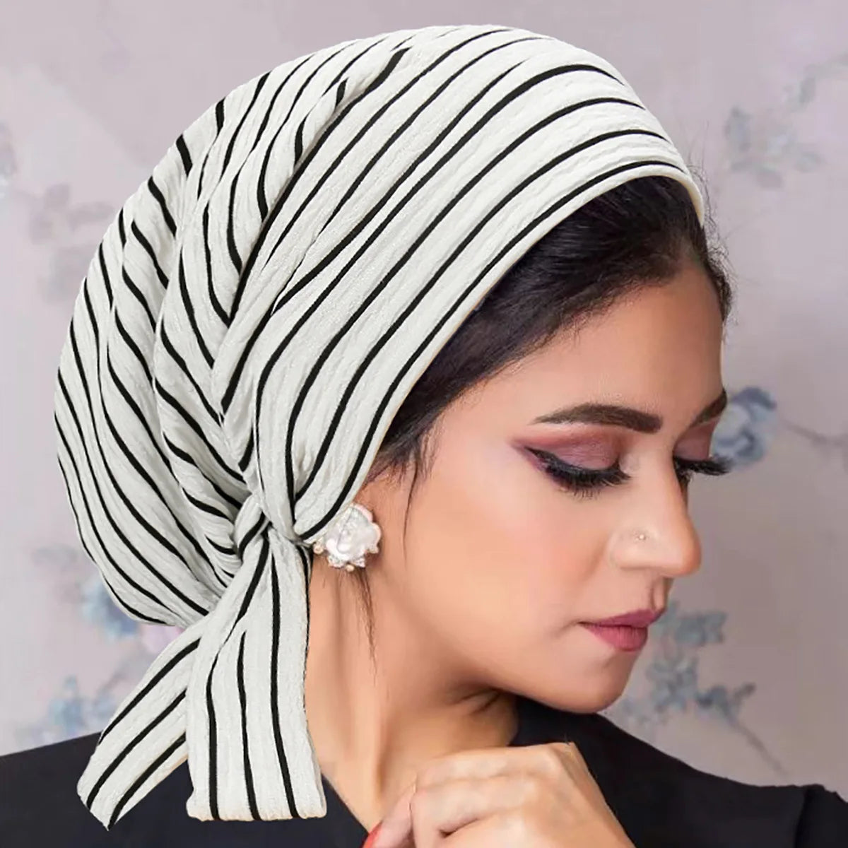 Women Hats 2026 New Fahionable Striped Long Tail Bow Headscarf Hat Chemotherapy Hat Wavy Pattern Caps for Ladies Outfits