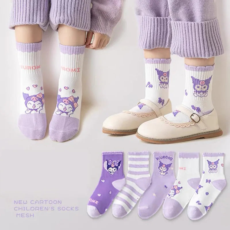 5 Pairs Kuromi Kids Socks Autumn Winter Cute Cartoon Crew Socks for Girls Kawaii Socks